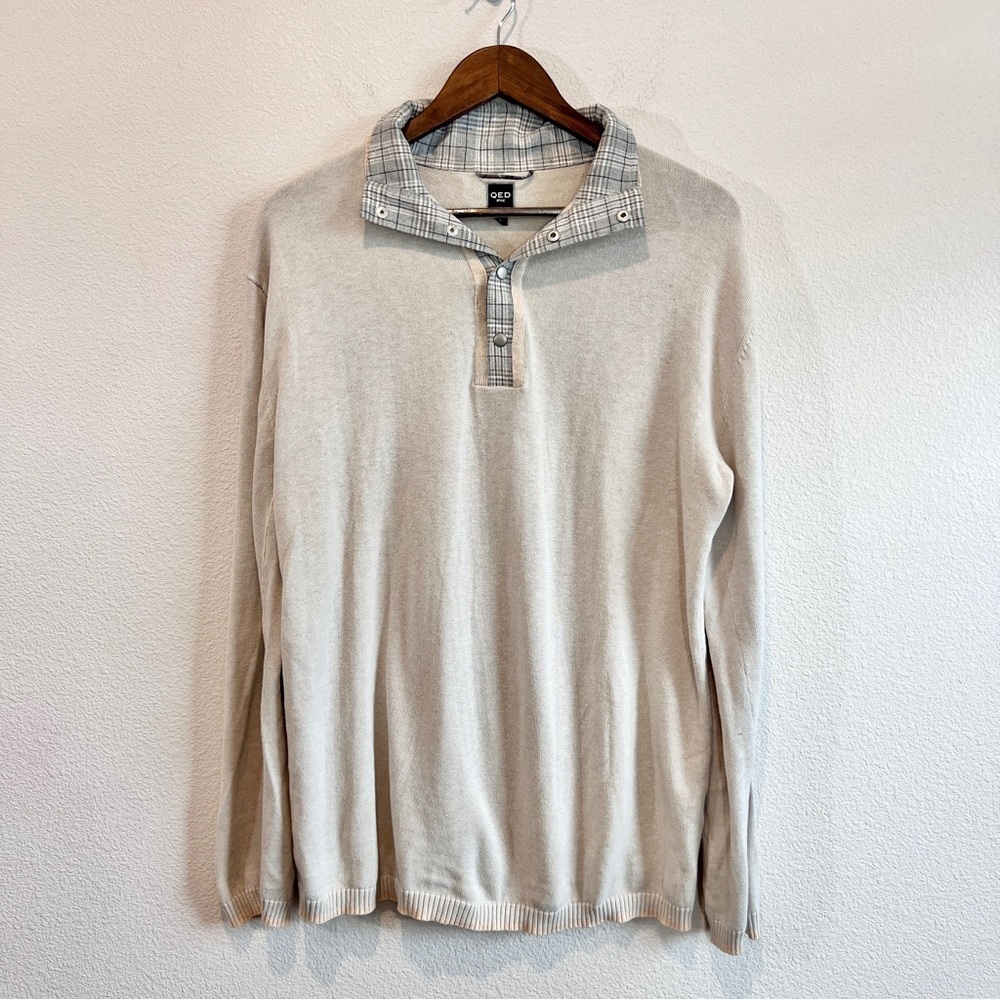 QED Style Men’s Sweater Large Beige Plaid Collar Preppy Academia Cotton Cashmere